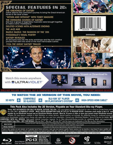 The Great Gatsby (2013) - Leonardo Di Caprio  Blu-ray 3D + Blu-ray + DVD + Ultraviolet